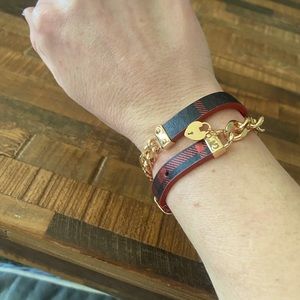 Victoria Emerson Red Plaid & Gold Chain Mini Wrap Bracelet. Buckle Clasp.